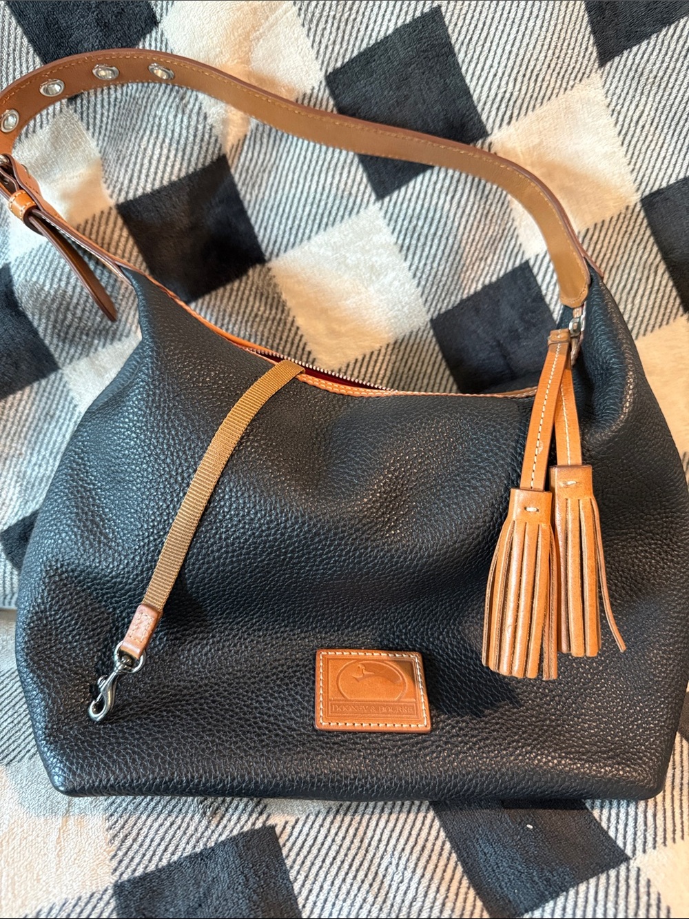 Dooney & Bourke Black Shoulder Hobo with Tan Trim and Tassels